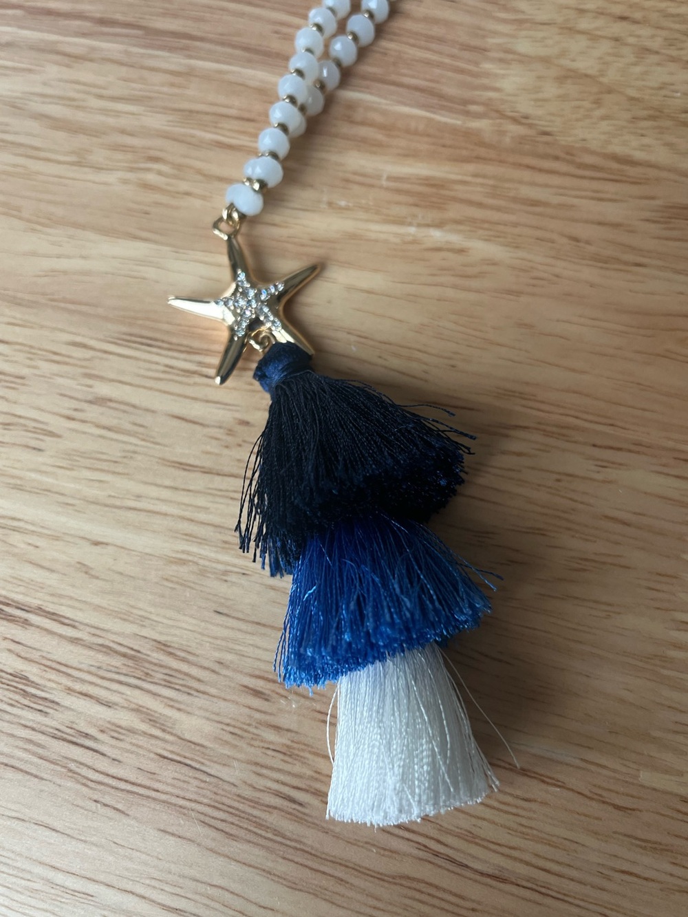 Blue Tassel White Beaded Starfish Necklace - Picture 3 of 5